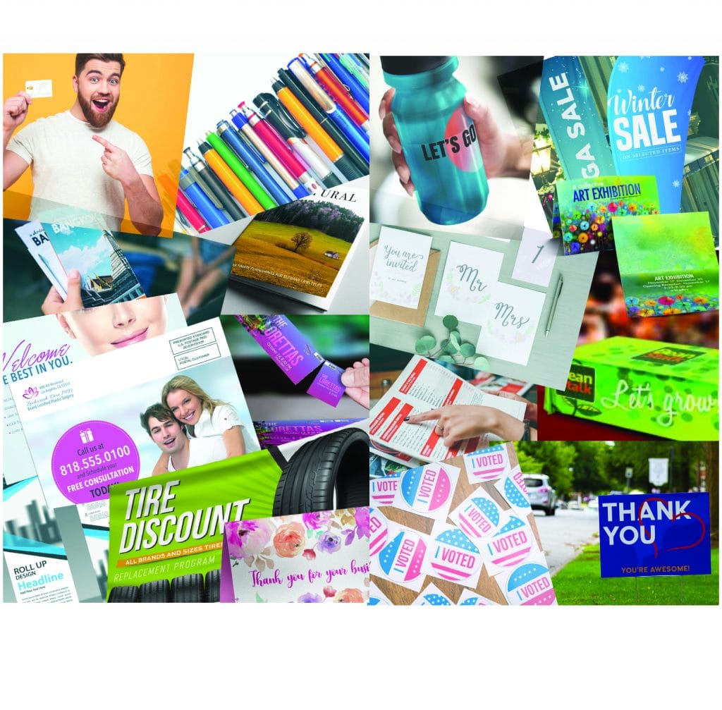 contact us page has a collage of various printed products including labels, postcards, pens, and more